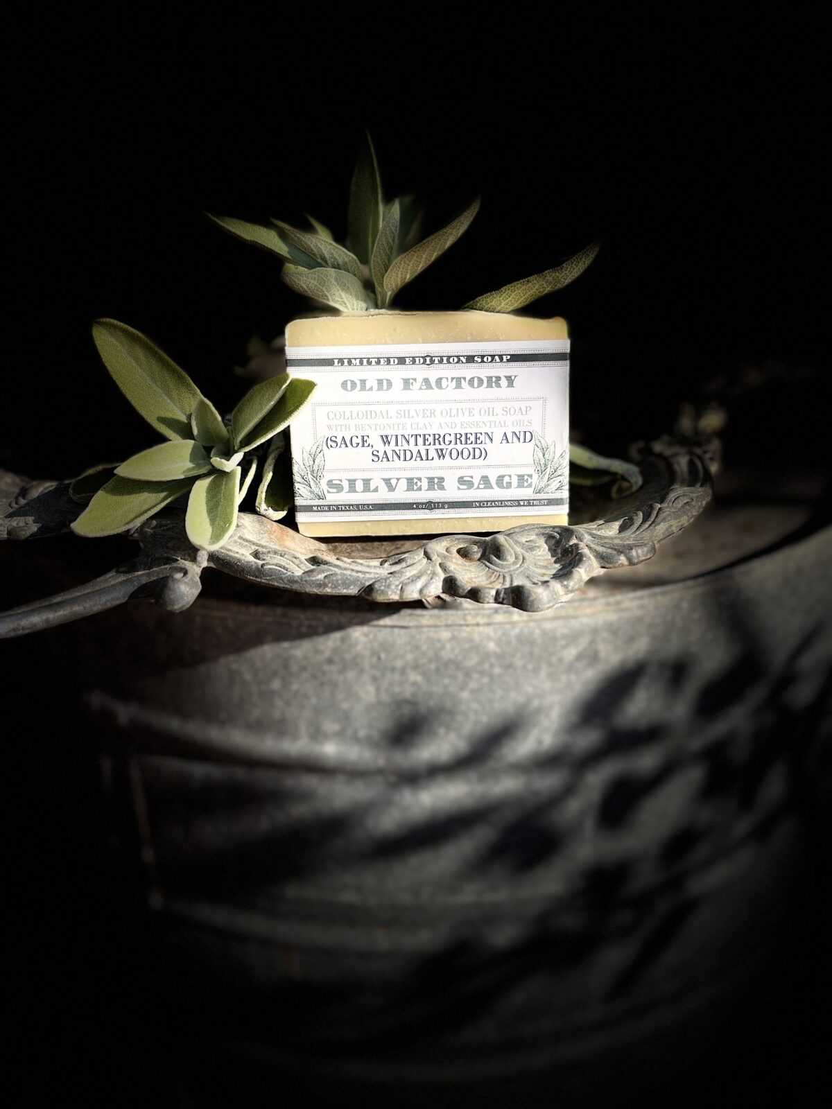 Colloidal silver, wintergreen, sage, sandalwood organic bar soap handmade by old factory soap
